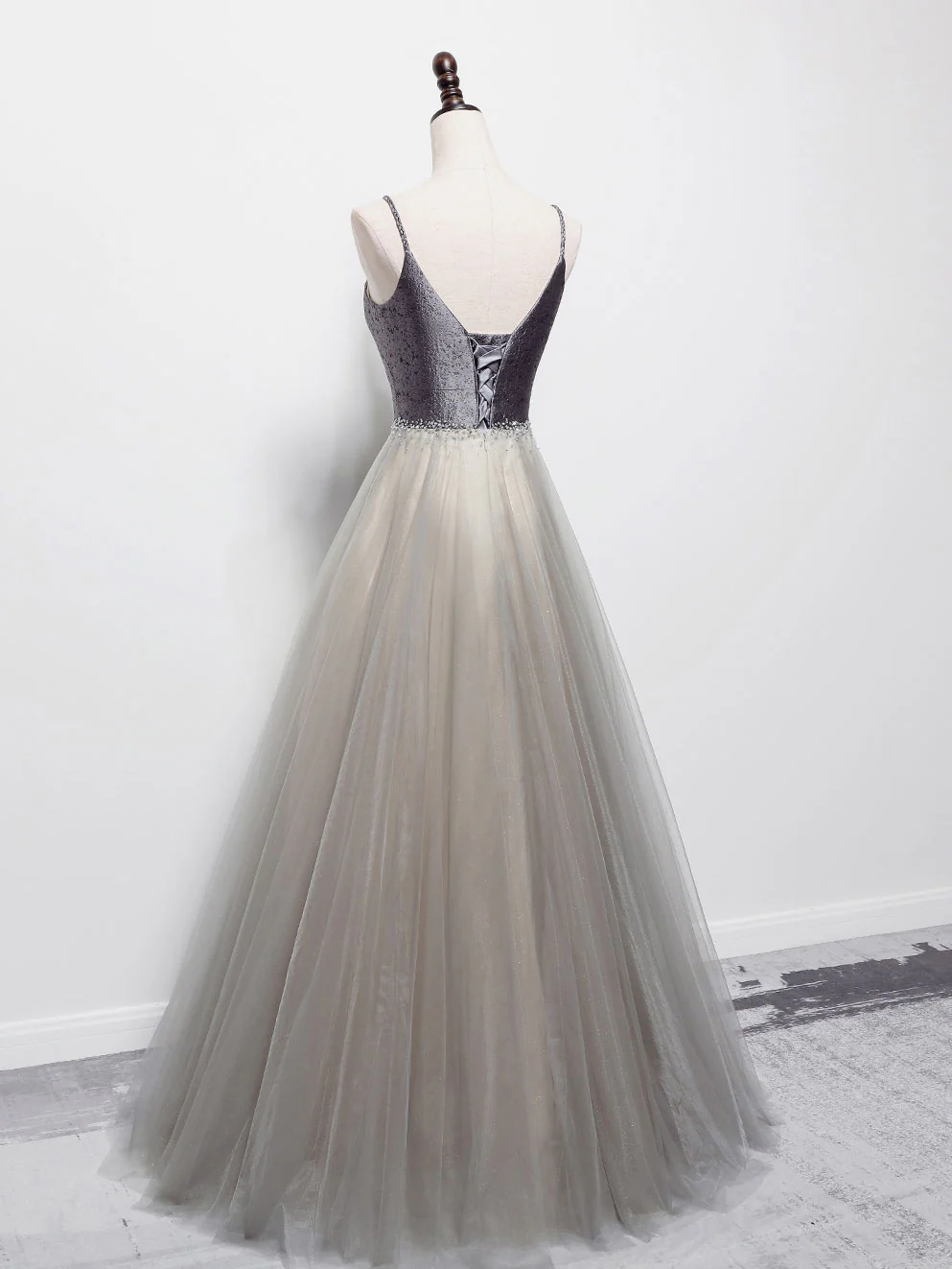 Simple Gray V Neck Tulle Long Prom Dress, Gray A line Gray Formal Dresses - Deanwangkt