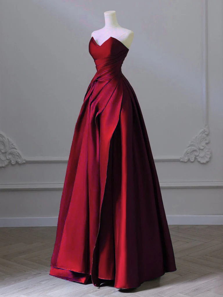 A-Line V Neck Satin Burgundy Long Prom Dress, Burgundy Long Formal Dress - Deanwangkt