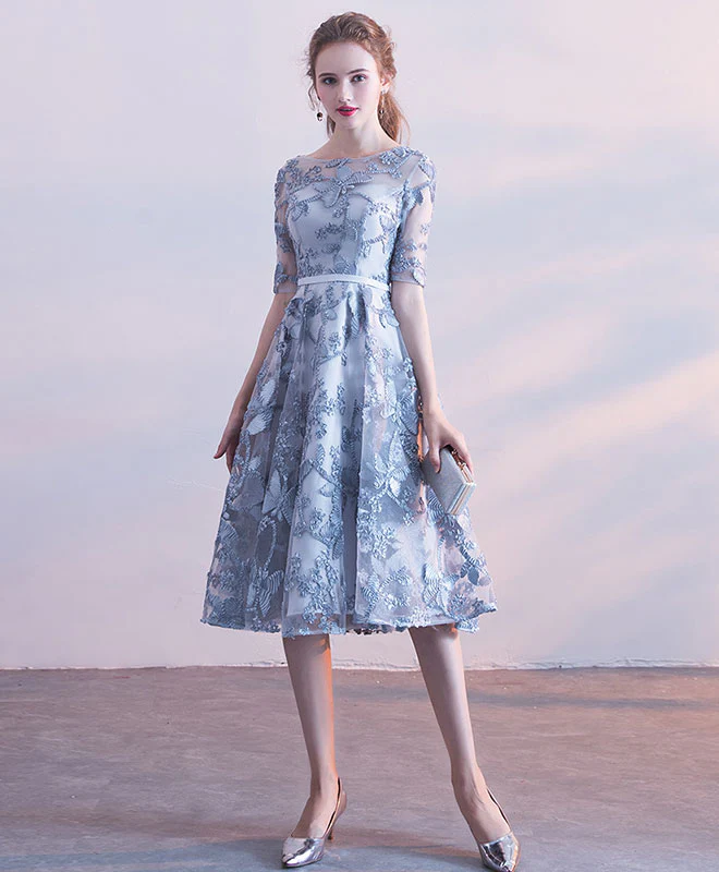 Gray Blue Tulle Lace Short Prom Dress, Gray Blue Homecoming Dress - Deanwangkt