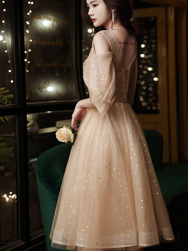 Champagne V Neck Tulle Lace Short Prom Dress, Champagne Homecoming Dress - Deanwangkt