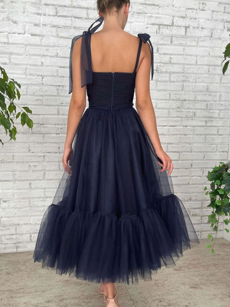 Simple Tulle Short Blue Prom Dress, Tulle Short Puffy Dark Blue Homecoming Dress - Deanwangkt