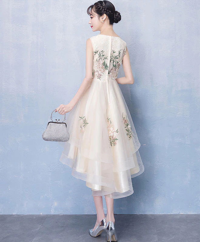 Champagne Round Neck Tulle Applique High Low Prom Dress, Cute Homecoming - Deanwangkt