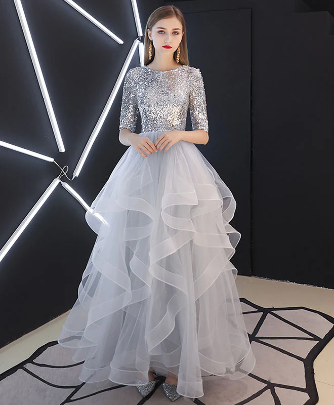 Gray Tulle Sequin Long Prom Dress, Gray Tulle Evening Dress - Deanwangkt