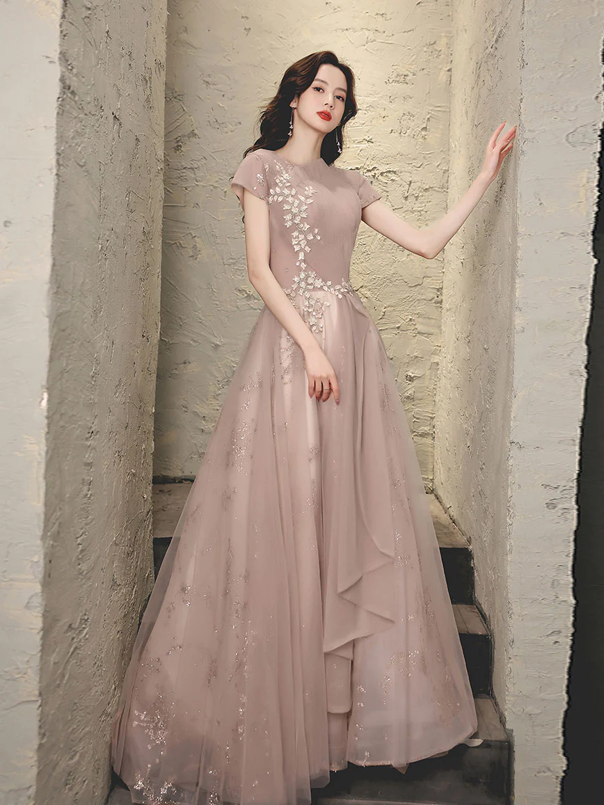 Pink Tulle Lace Long Prom Dress, Pink Tulle Formal Dress - Deanwangkt