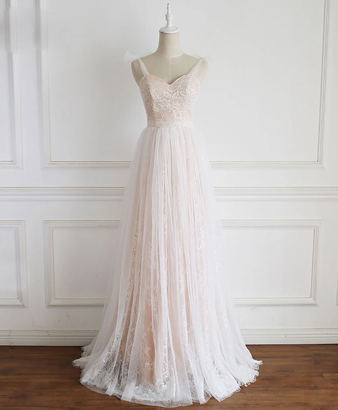 Champagne Sweetheart Tulle Lace Long Prom Dress Lace Evening Dress - Deanwangkt