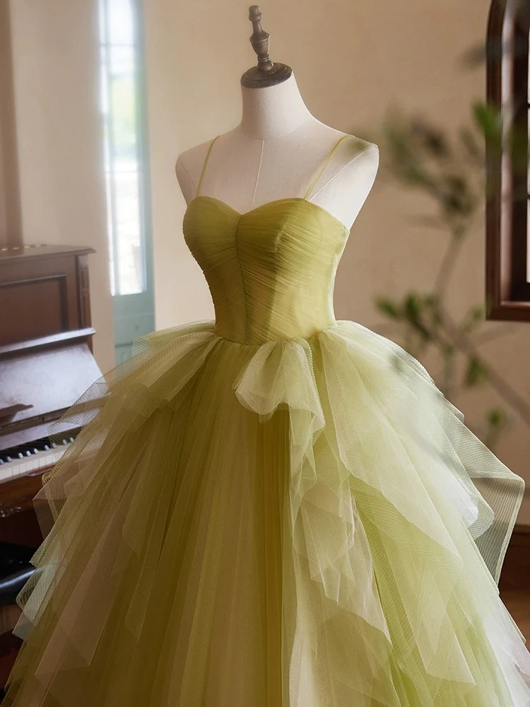 A-Line Sweetheart Neck Tulle Green Long Prom Dress, Green Long Formal Dress - Deanwangkt