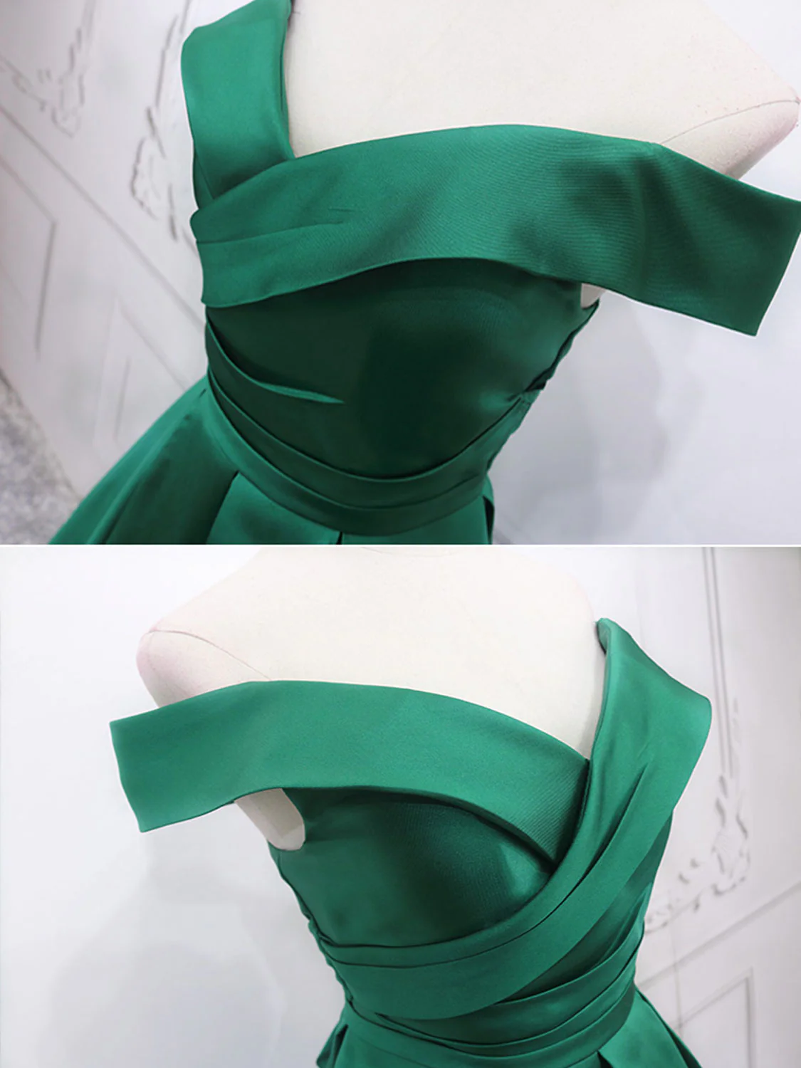 A-Line Off Shoulder Green Satin Long Prom Dresses, Green Evening Dresses - Deanwangkt