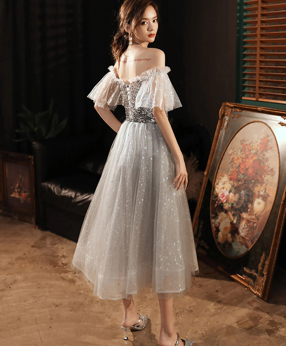 Gray Tulle Sequin Short Prom Dress Gray Homecoming Dress - Deanwangkt