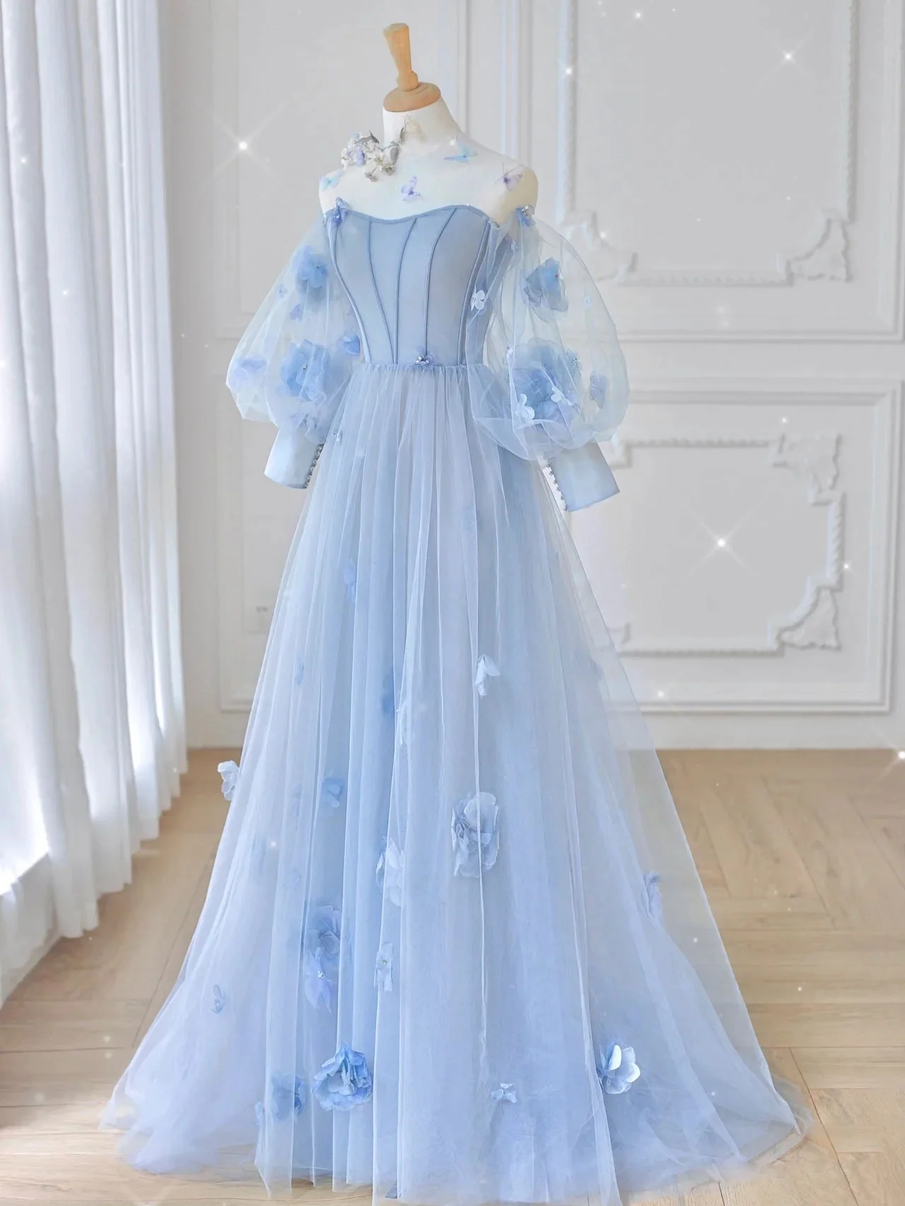 Blue Sweetheart Tulle 3D Flower Long Prom Dress, Blue Evening Dress - Deanwangkt