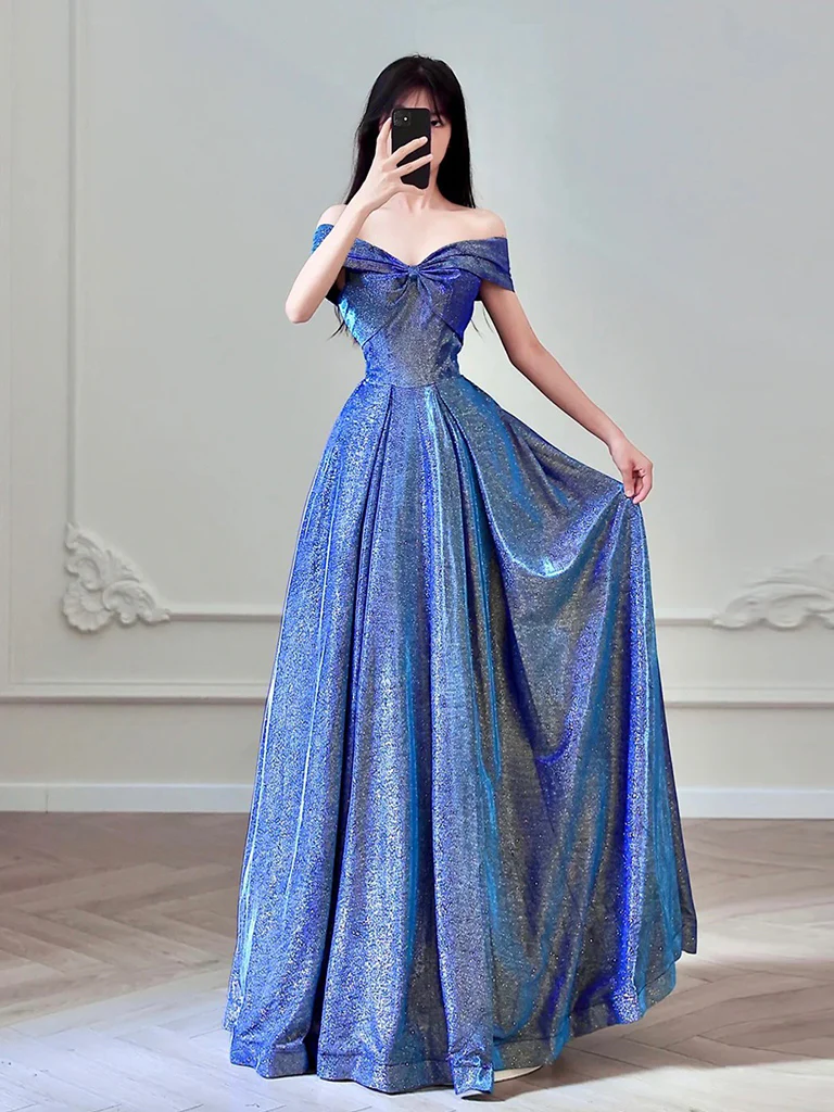 Simple A-Line Shiny Satin Blue Long Prom Dress, Blue Long Formal Dress - Deanwangkt