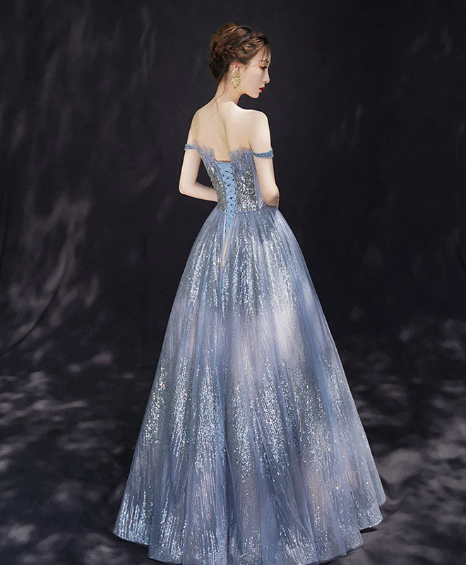 Blue Tulle Sequin Off Shoulder Long Prom Dress Tulle Evening Dress - Deanwangkt