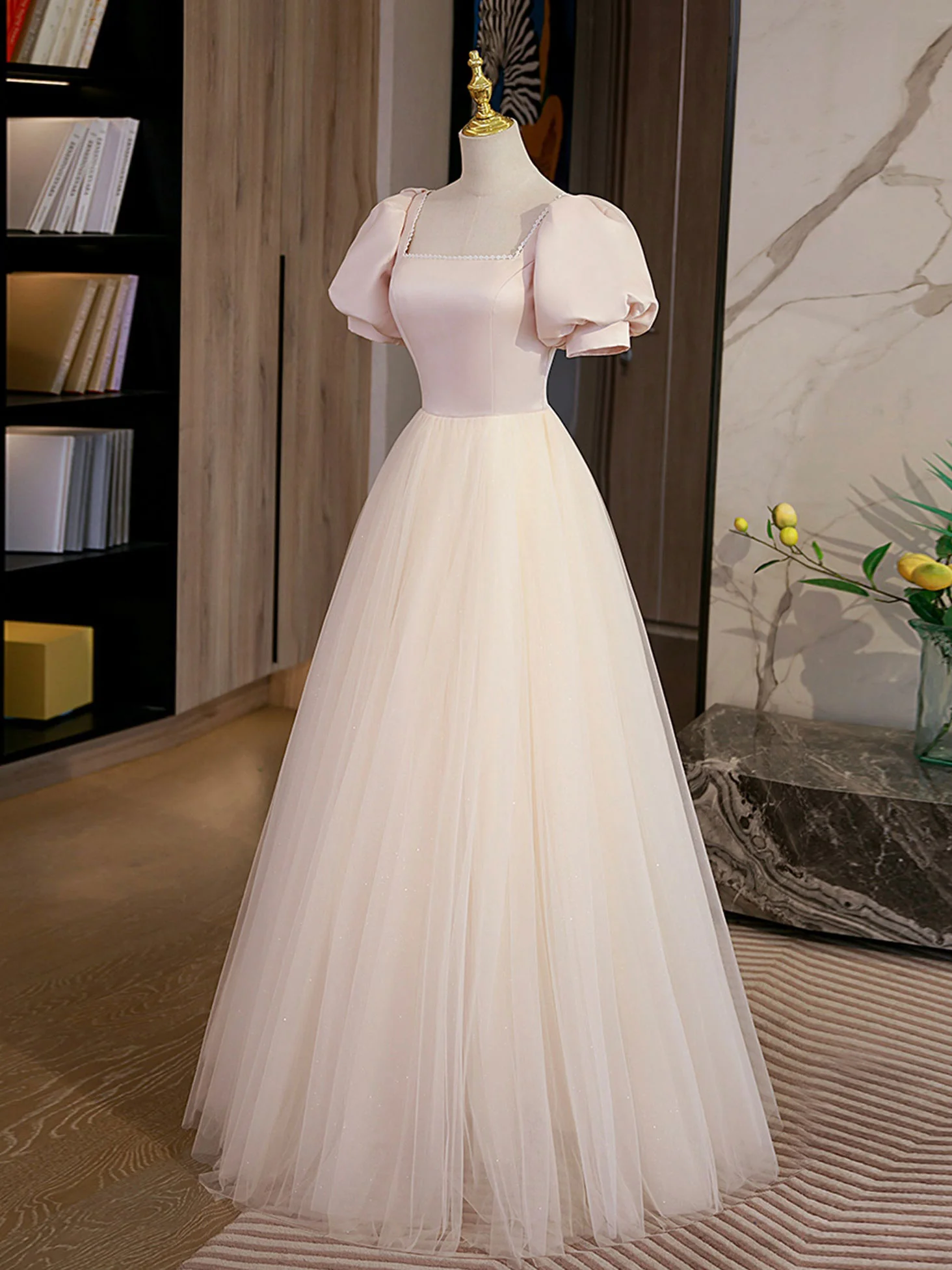 Champagne Tulle A Line Long Prom Dress, Champagne Formal Graduation Dresses - Deanwangkt