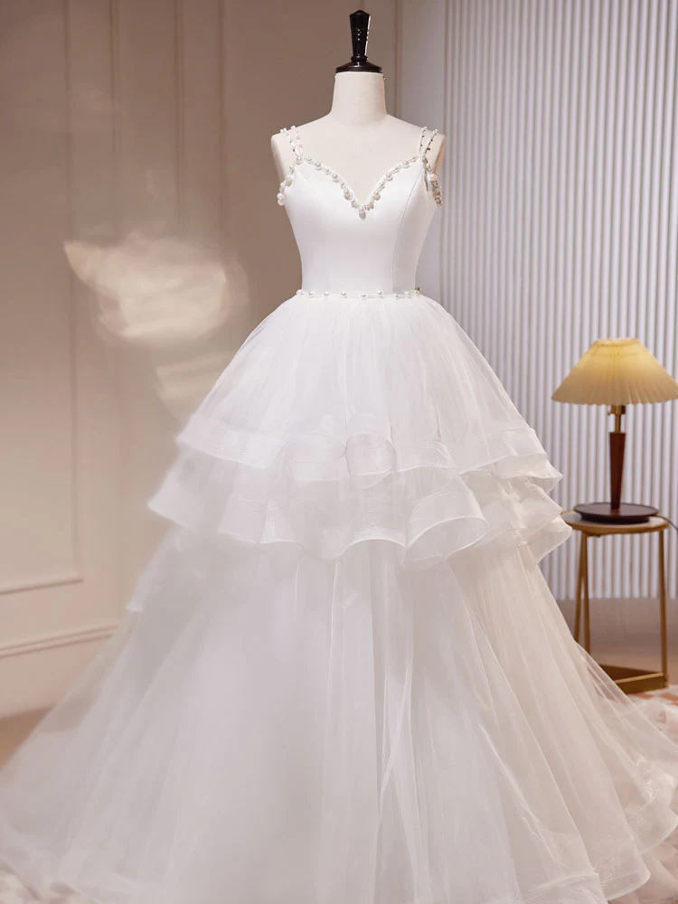 White A-Line Tulle Long Prom Dress, White Tulle Sweet 16 Dresses - Deanwangkt