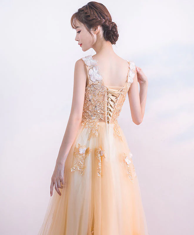 Champagne Tulle Lace Long Prom Dress. Champagne Tulle Evening Dress - Deanwangkt
