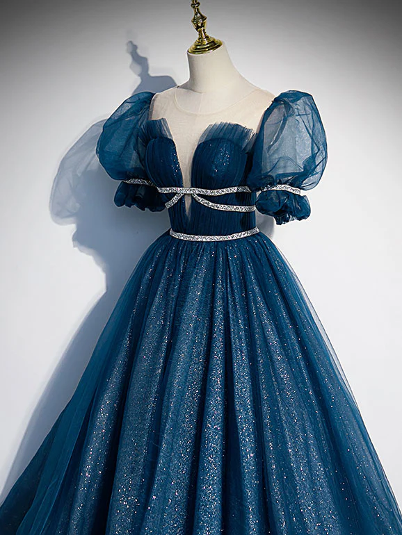 Blue Tulle Off Shoulder Long Prom Dress, Blue Tulle Formal Dress - Deanwangkt
