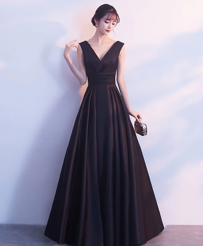 Simple Black V Neck Satin Long Prom Dress, Black Bridesmaid Dress - Deanwangkt
