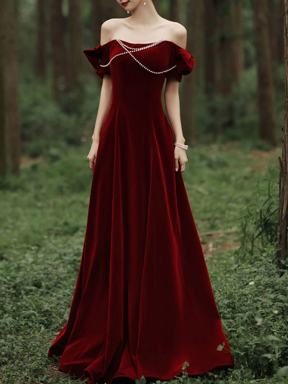 Velvet A Line Burgundy Long Prom Dress, Burgundy Formal Evening Dresses - Deanwangkt