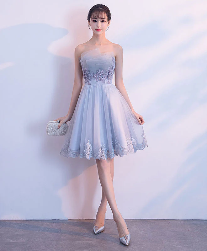Gray Tulle Lace Applique Short Prom Dress, Gray Homecoming Dress - Deanwangkt