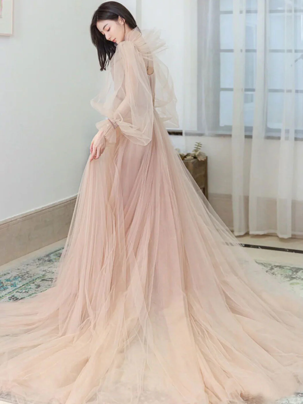 Champagne Aline Tulle Long Prom Dresses, Long Formal Graduation Dresses - Deanwangkt
