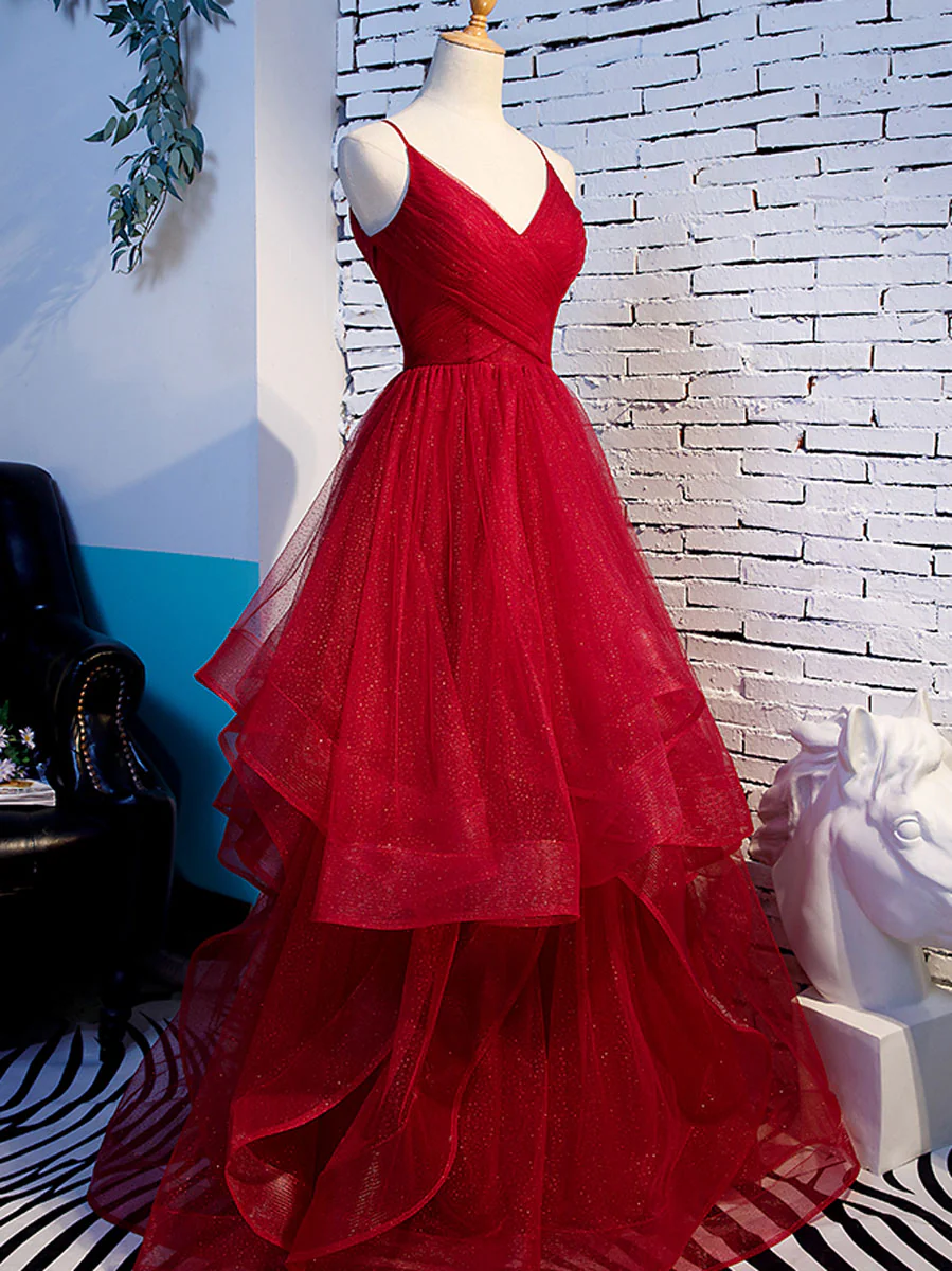 Simple V Neck Tulle Burgundy Long Prom Dress, Burgundy Formal Graduation Dresses - Deanwangkt