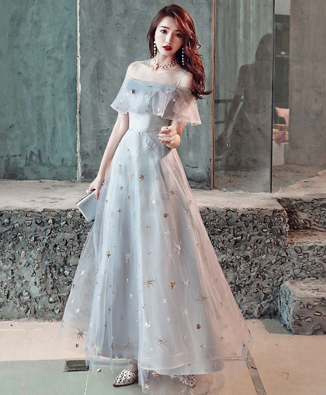 Gray Tulle Tea Length Prom Dress, Gray Tulle Evening Dress - Deanwangkt