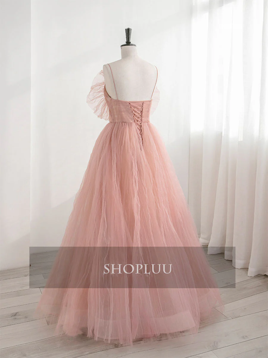 A-Line Pink Tulle Sequin Long Prom Dresses, Pink Formal Evening Dresses - Deanwangkt
