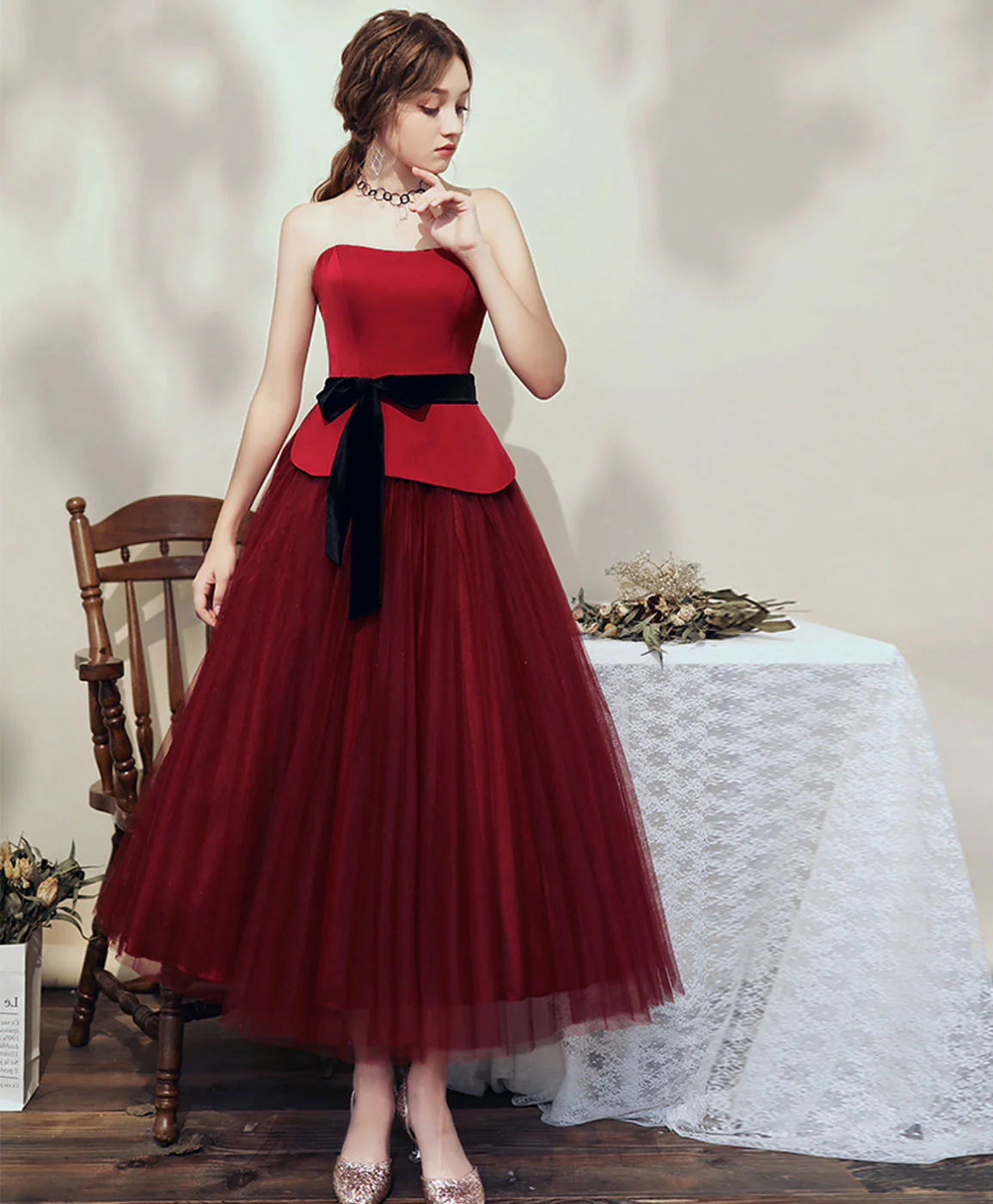 Simple Burgundy Tulle Tea Length Short Prom Dress Bridesmaid Dress - Deanwangkt