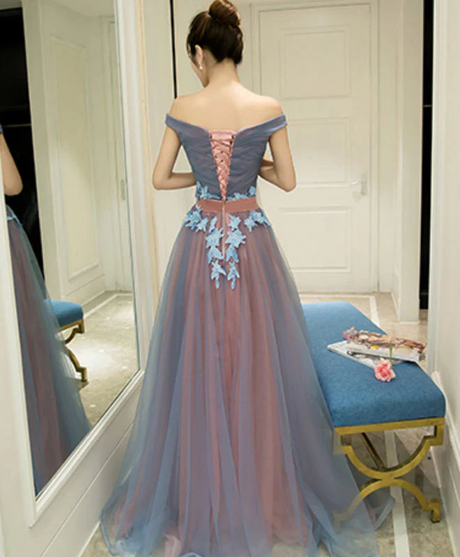 Gray Blue Tulle Off Shoulder Long Prom Dress, Gray Blue Evening Dress - Deanwangkt