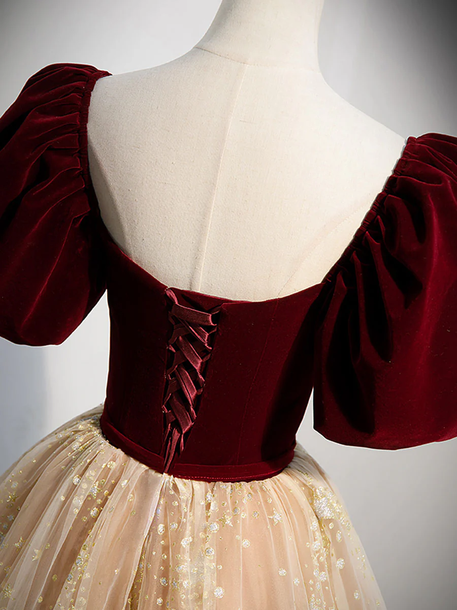 Burgundy Tulle Long Prom Dress, Burgundy Tulle Formal Dresses - Deanwangkt