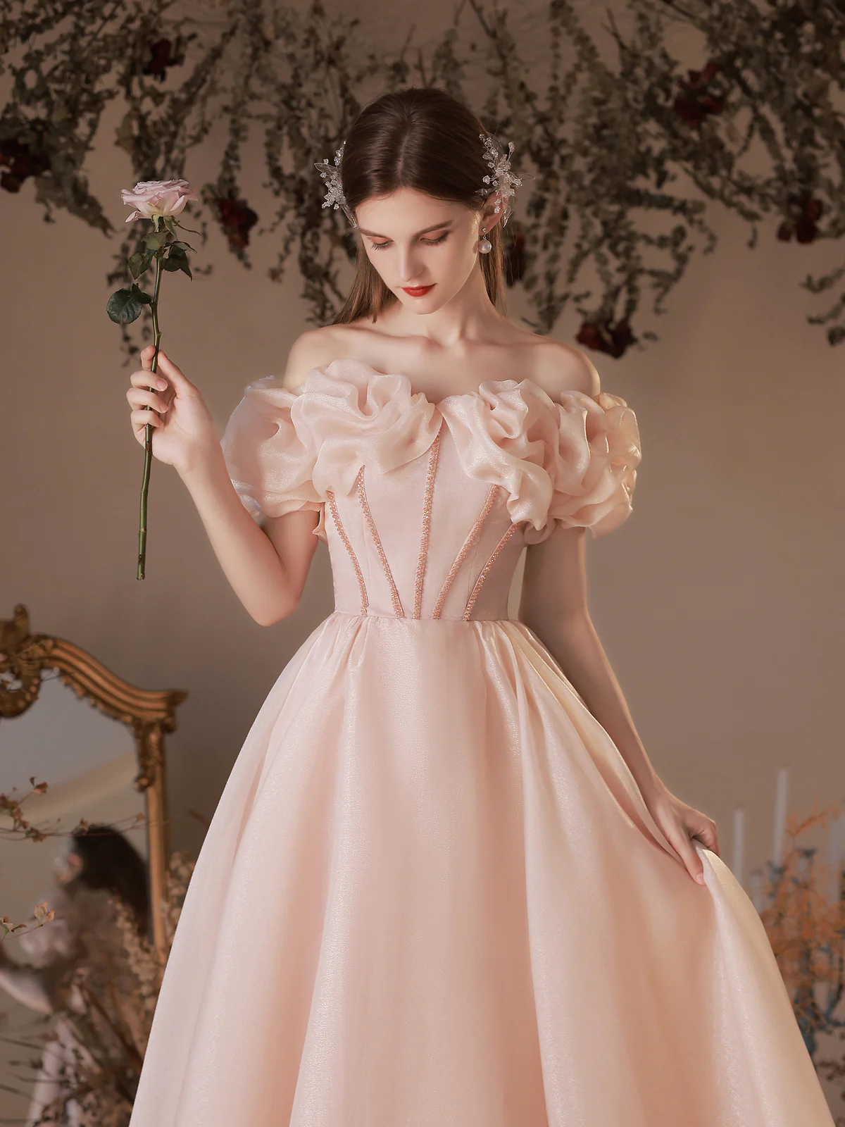 Pink Tulle Off Shoulder Tea Length Prom Dress Pink Tulle Homecoming Dress - Deanwangkt