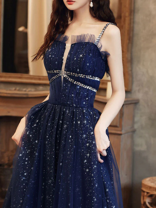 Blue Tulle A line Sequin Long Prom Dress, Blue Tulle Formal Dress - Deanwangkt