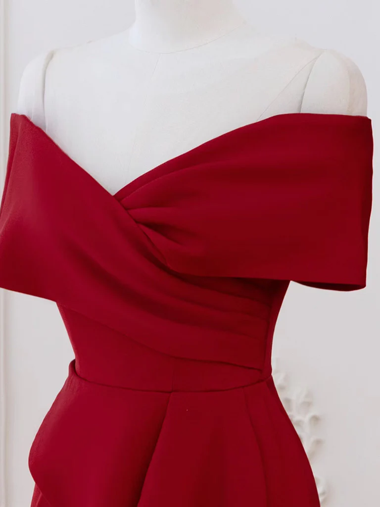 A-Line V Neck Off Shoulder Burgundy Long Prom Dress, Burgundy Long Formal Dress - Deanwangkt