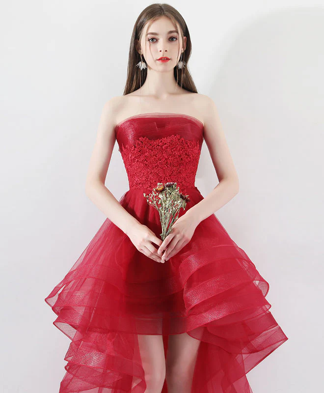 Burgundy Tulle Lace High Low Prom Dresses, Burgundy Tulle Homecoming Dress - Deanwangkt