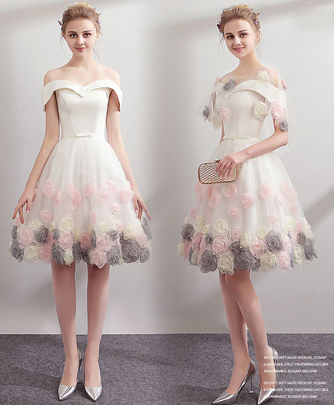 Cute White Off Shoulder Short Prom Dress, Homecoming Dress - Deanwangkt