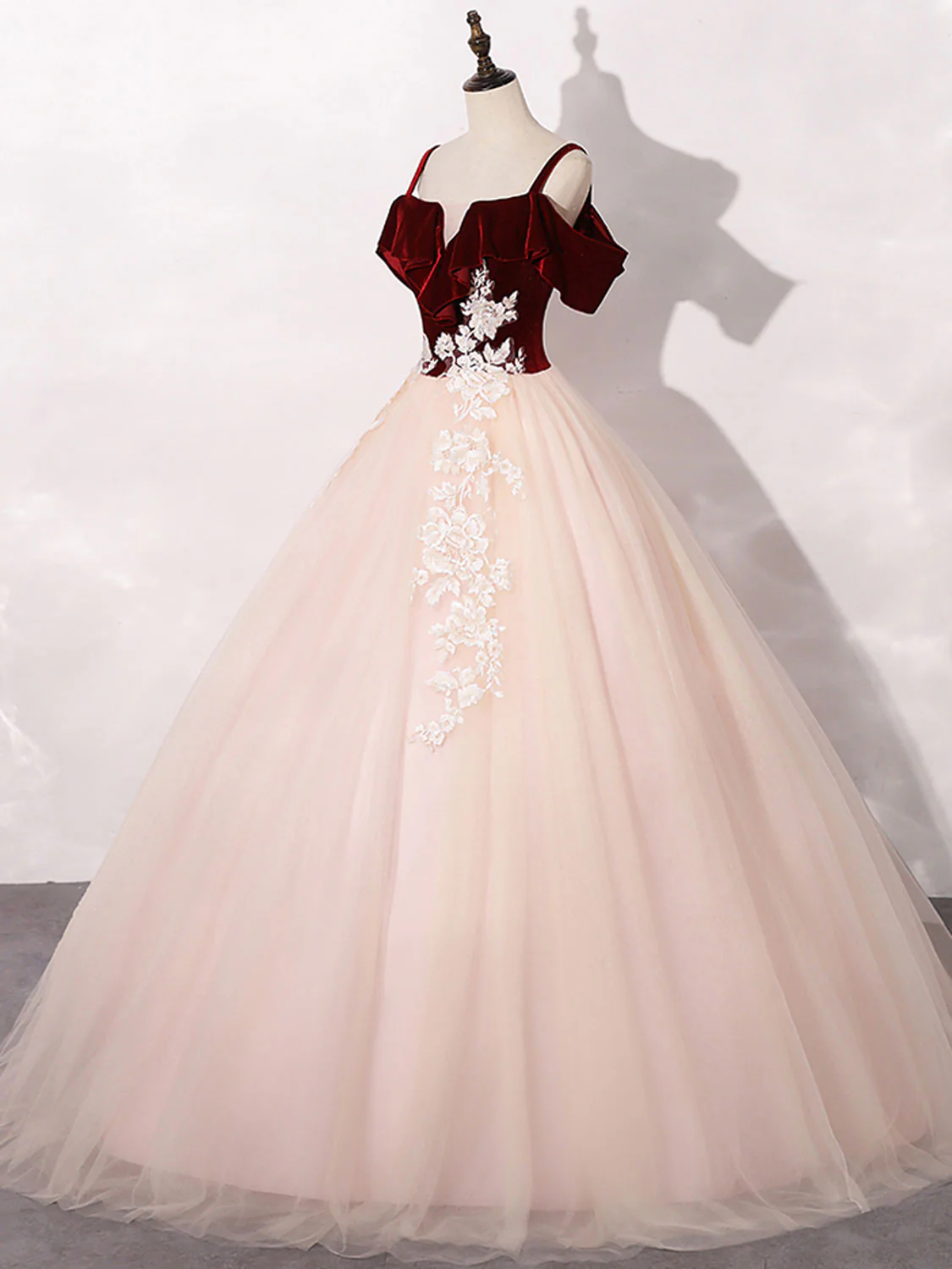Pink/Burgundy Tulle Long Prom Dresses, A-Line Formal Sweet 16 Dress with Lace - Deanwangkt
