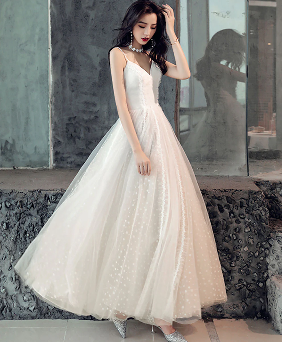 Light Champagne V Neck Tulle Lace Prom Dress Formal Dress - Deanwangkt