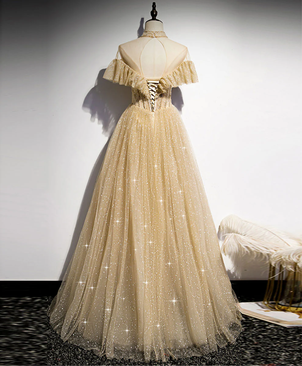 Champagne Long Prom Dress, Aline Champagne Graduation Dress with Beading - Deanwangkt