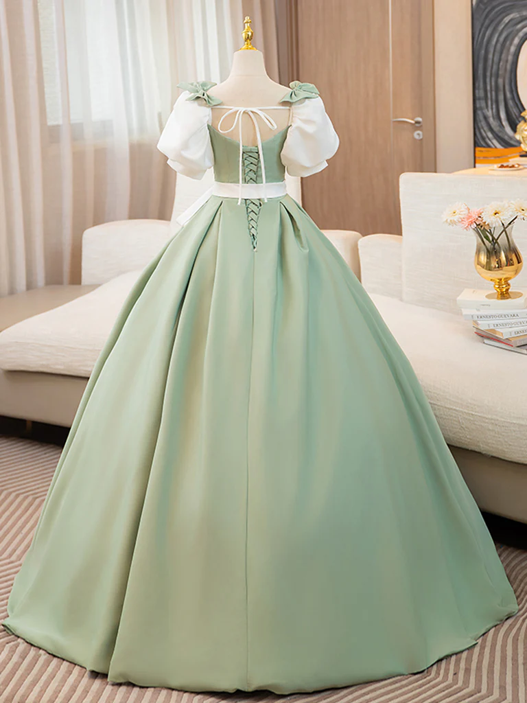 Puff  Sleeves A-line Satin Green/White Long Prom Dress, Green Long Formal Dress - Deanwangkt
