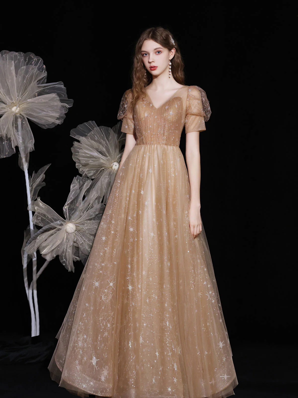 Champagne V Neck Tulle Long Prom Dress, Champagne Evening Dress - Deanwangkt