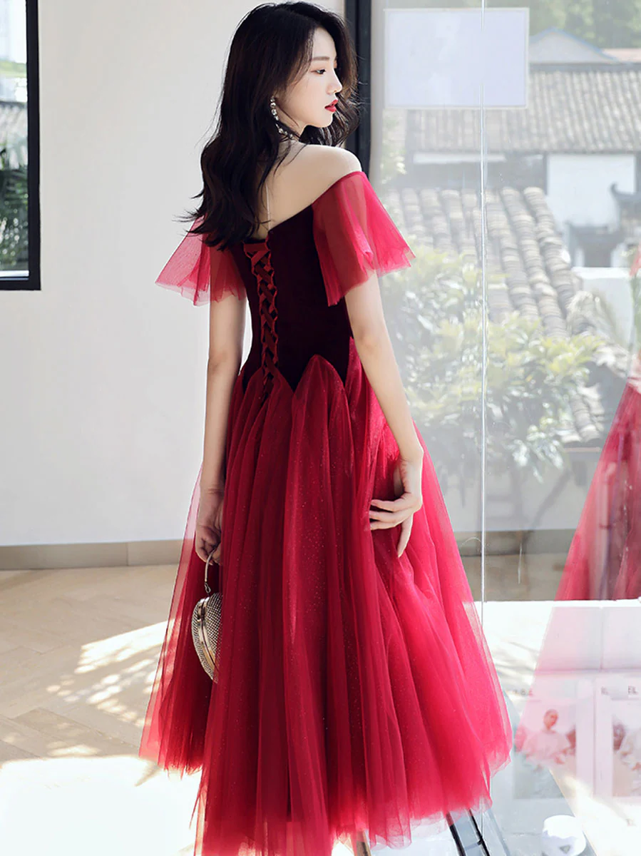 Burgundy Round Neck Velvet Short Prom Dress, Puffy Burgundy Homecoming Dress - Deanwangkt