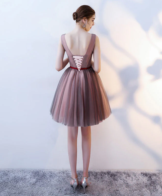 Burgundy V Neck Tulle Short Prom Dress, Tulle Evening Dress - Deanwangkt