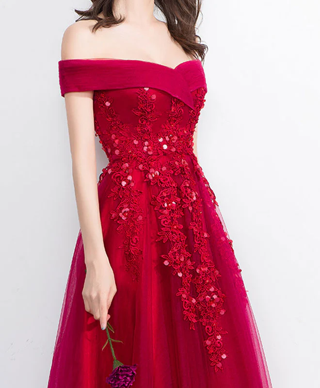 Burgundy Off Shoulder Tulle Lace Long Prom Dress, Evening Dress - Deanwangkt