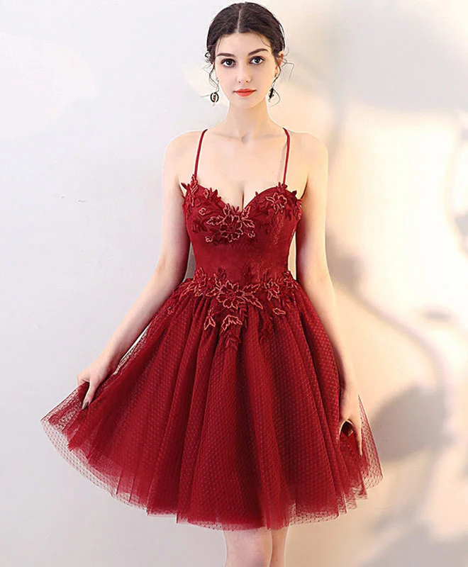 Burgundy Lace Tulle Short Prom Dress, Homecoming Dress - Deanwangkt