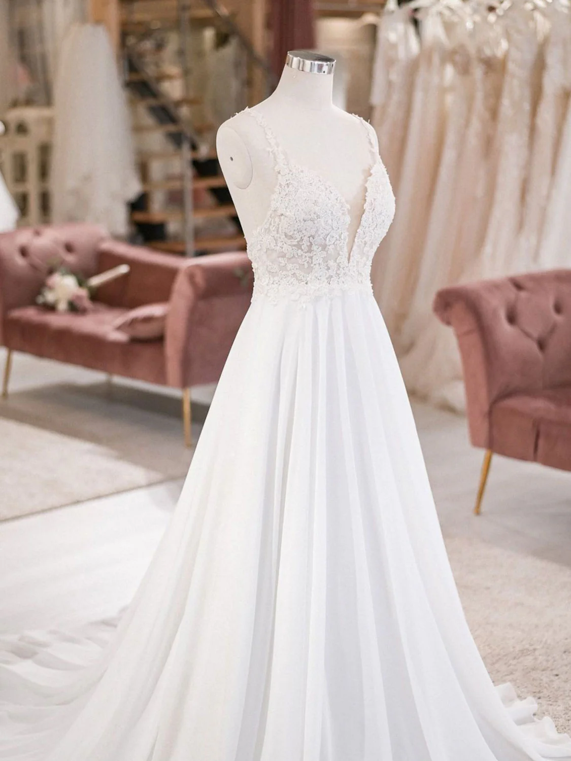 White V Neck Lace Chiffon Long Wedding Dress, Beach Wedding Dress - Deanwangkt