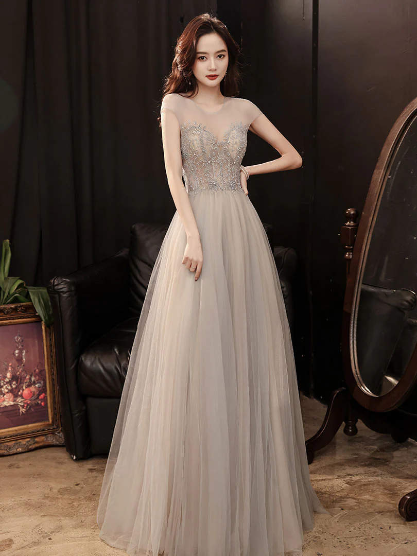 Gray Round Neck Tulle Beads Long Prom Dress, Gray Evening Dress - Deanwangkt