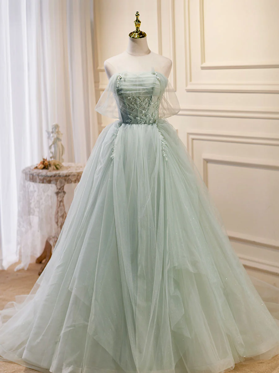 A-Line Off Shoulder Tulle Green Long Prom Dresses, Green Formal Dress with Beading - Deanwangkt