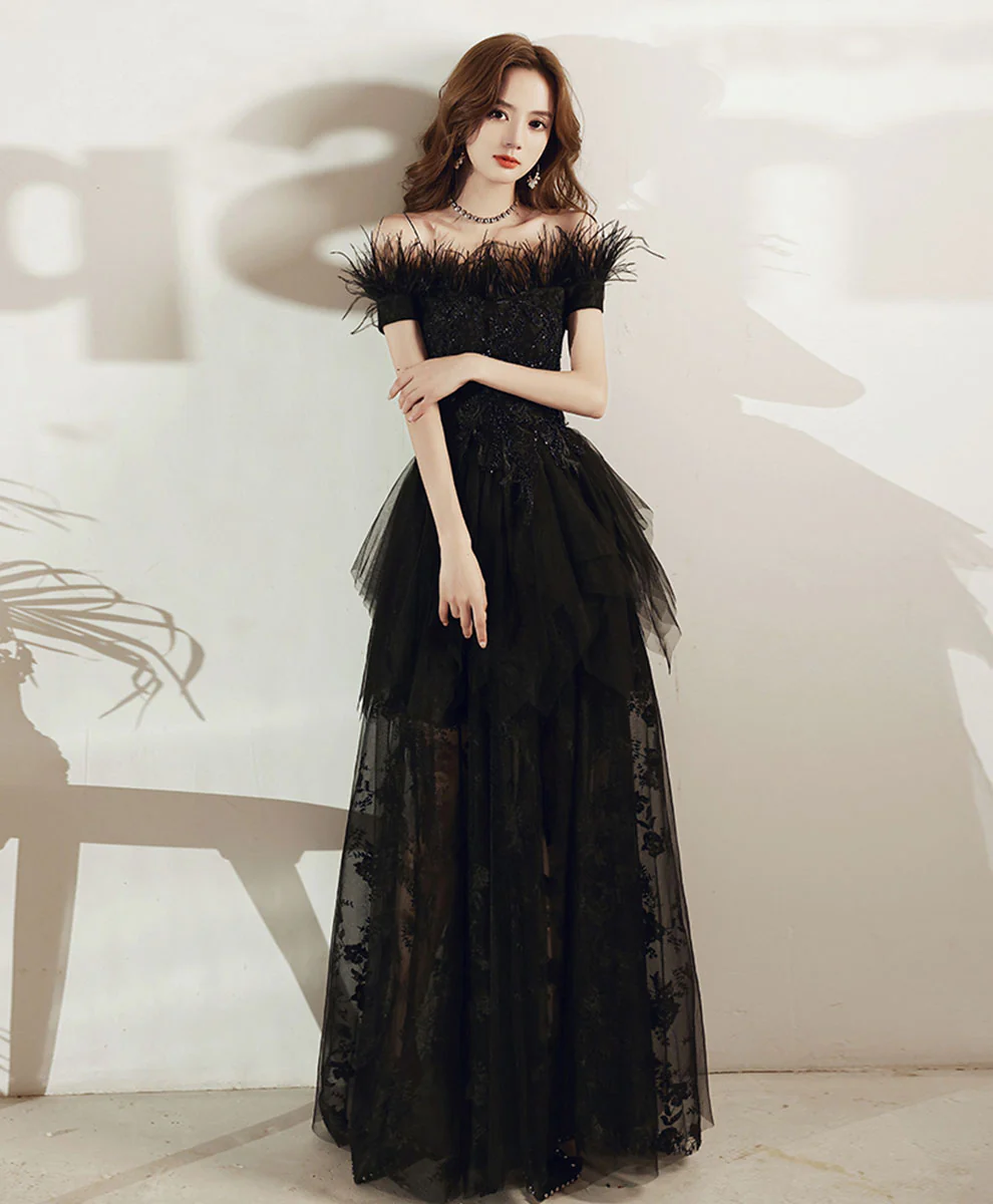 Black Tulle Lace Long Prom Dress, Black Formal Lace Evening Dress - Deanwangkt