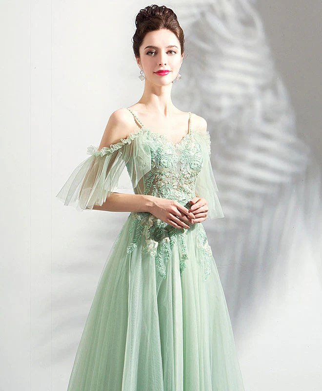 Green Tulle Off Shoulder Long Prom Dress, Green Tulle Evening Dress - Deanwangkt