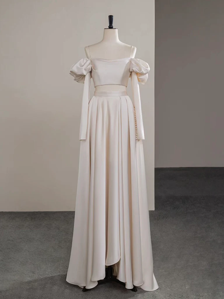 A-Line Two Pieces Satin Champagne Long Prom Dress, Champagne Formal Dress - Deanwangkt