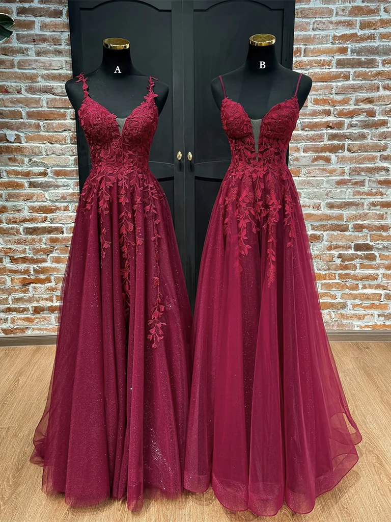 A-Line V Neck Tulle Lace Burgundy Long Prom Dress, Burgundy Long Formal Dress - Deanwangkt